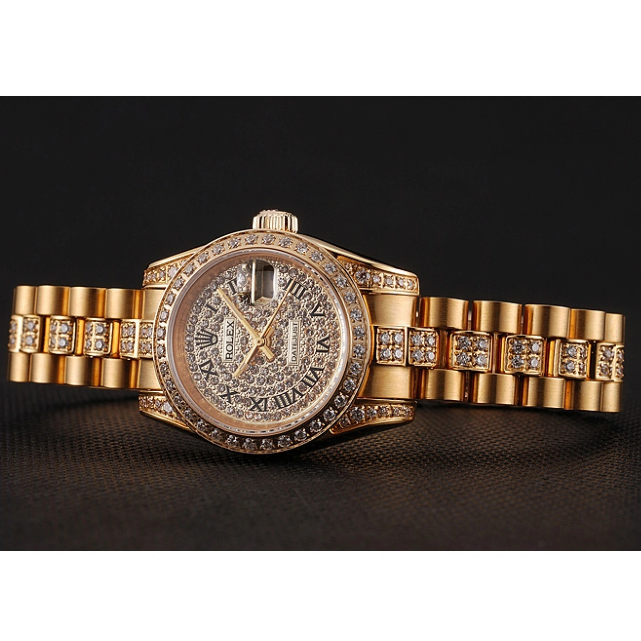 Aaa replica watch Swiss Dial Gold Diamond Rolex 1453955 DayJust Pave Bracelet Diamond 0629